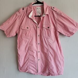 Women's large cotton button up collared shirt red white stripes Request Western